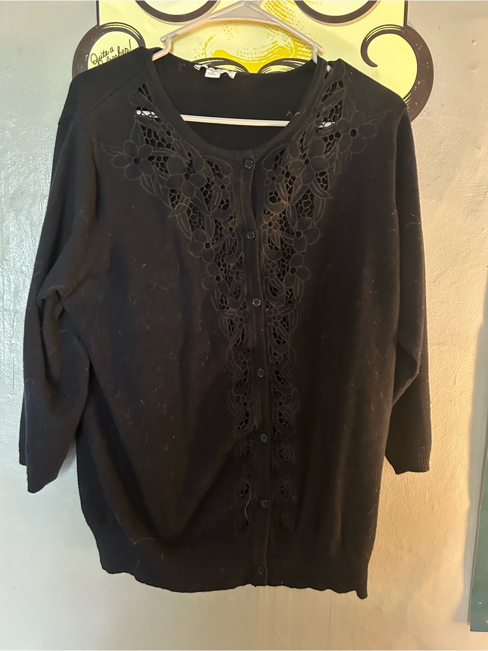 Isaac Mizrahi Black Floral Appliqué Button-Front Sweater